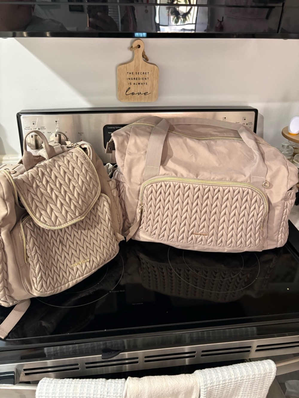 Quilted Light Beige Women's Weekender Bag and Backpack Diaper Set